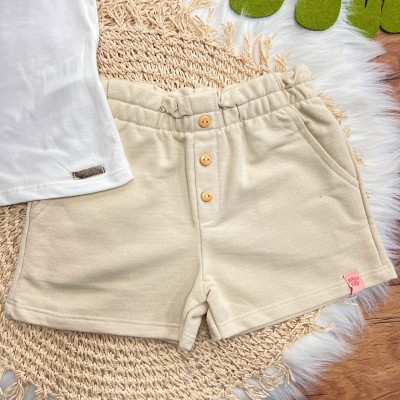 Conj. Blusa Just Love com Margaridas e Short - Off White e Areia